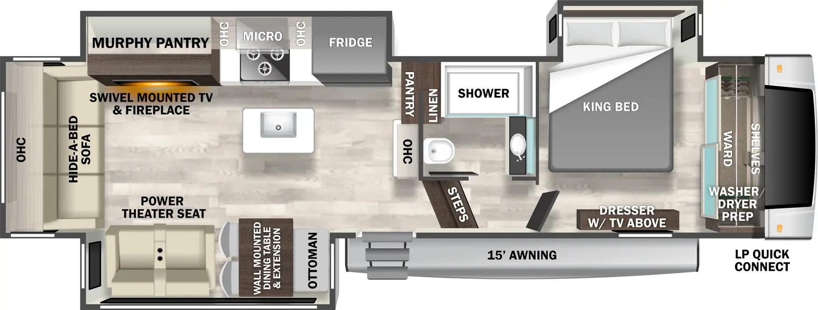 The Cedar Creek Experience 29RL has one entry and three slide outs. Exterior features include: fiberglass exterior and 15' awning. Interiors features include: kitchen island, front bedroom and rear living.